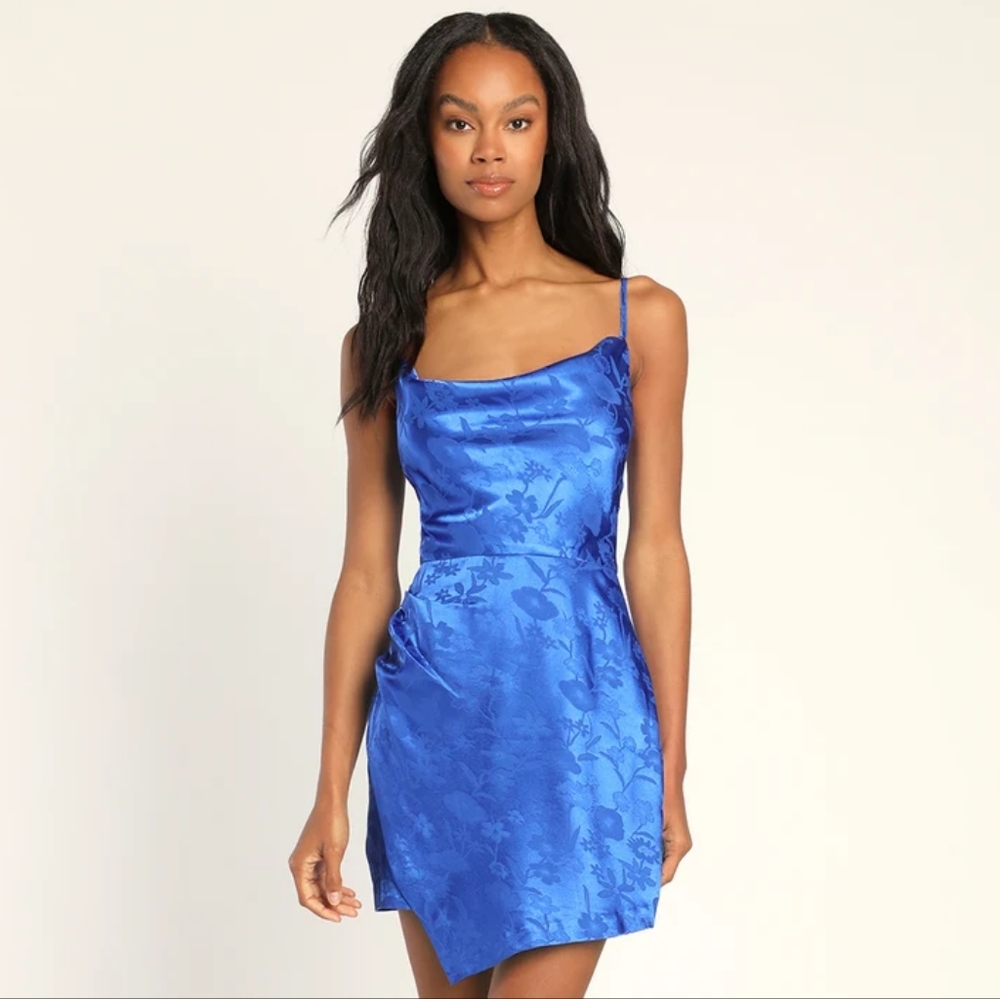 NWT Lulu's Fabulously Fun Satin Jacquard Faux-Wrap Mini Dress